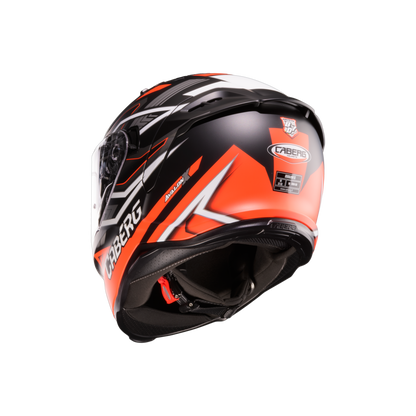 back of orange and black full face helmet with caberg logo