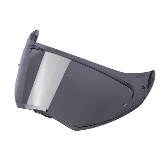 A clear motorcycle helmet visor with attachment points for mounting on a helmet.