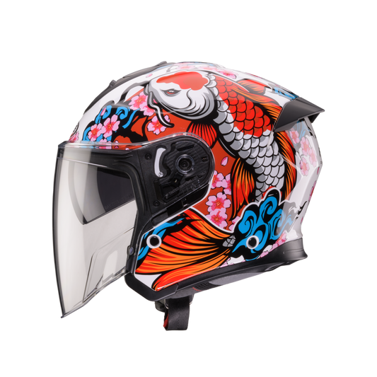 Flyon 2 Koi White, Red & Orange Open Face Motorbike Helmet