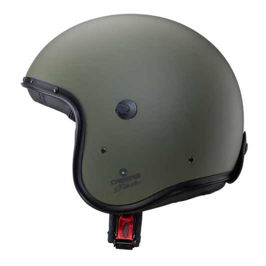 side of matte green open face motorbike helmet with black details