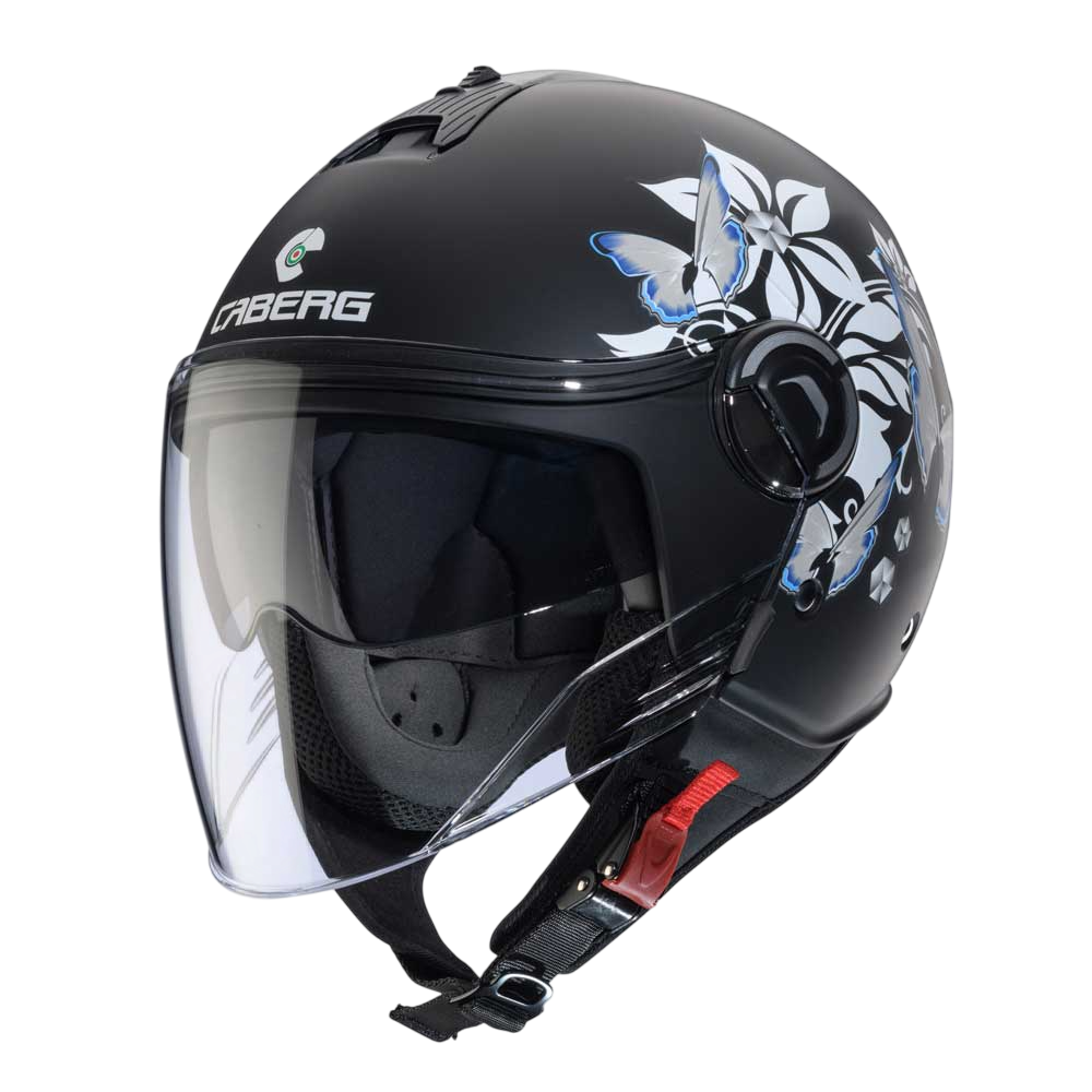 Matte black Caberg Riviera V4X open face motorcycle helmet with white and blue flower design – chic and safe choice for everyday urban riders.