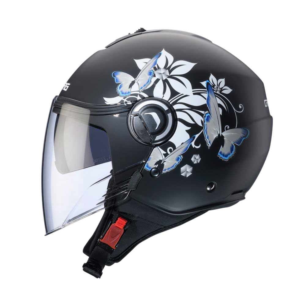 Side View: Side view of the Caberg Riviera V4X Mia helmet in matte black, featuring a delicate white and blue floral design, integrated sun visor, and a clear full-face visor.