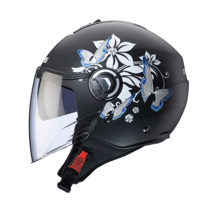 Side View: Side view of the Caberg Riviera V4X Mia helmet in matte black, featuring a delicate white and blue floral design, integrated sun visor, and a clear full-face visor.