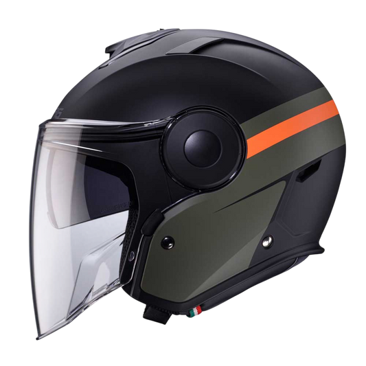 Soho Zephyr Matt Black, Military Green & Orange Motorcycle Helmet