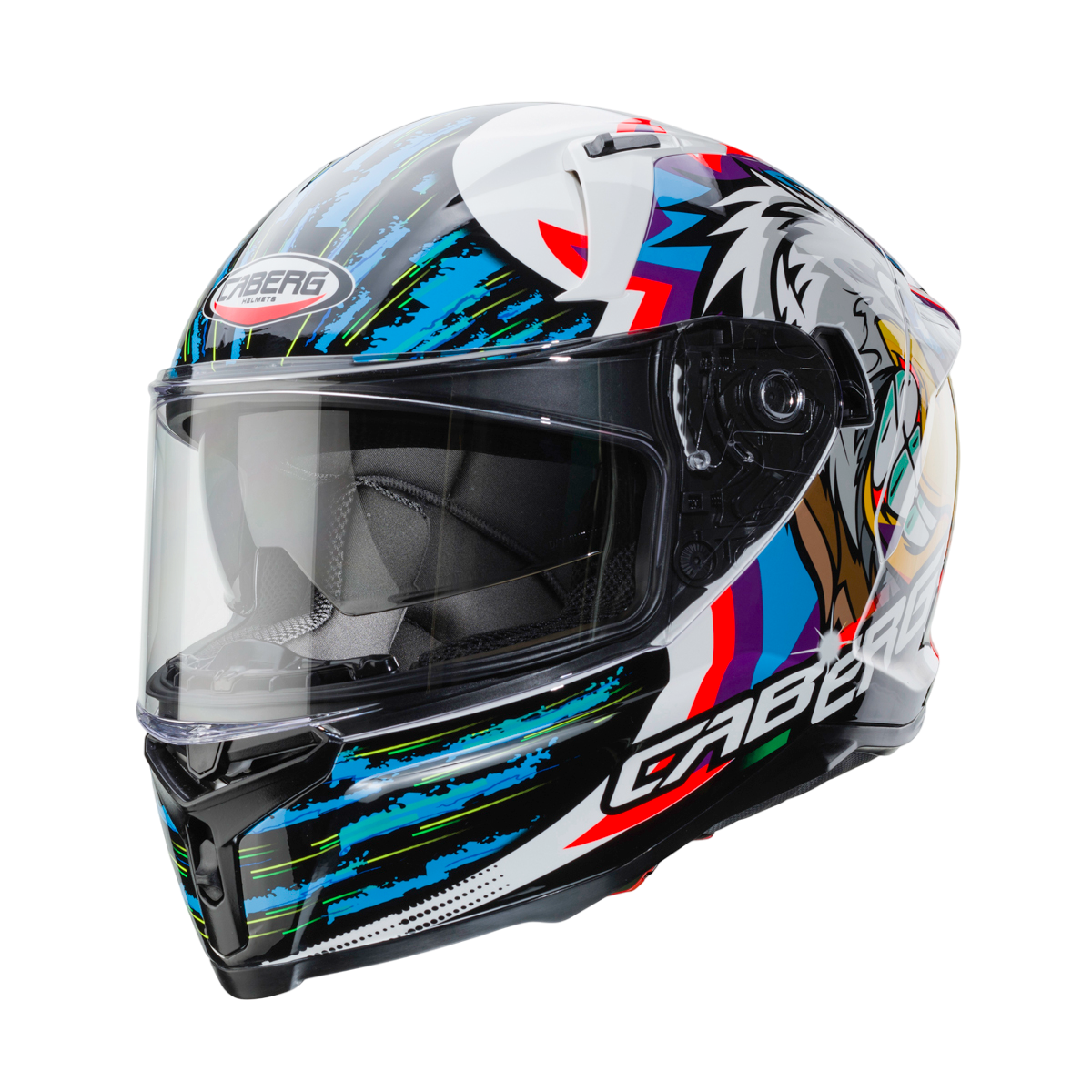 Colorful motorcycle helmet with brand logo on a white background