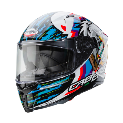 Colorful motorcycle helmet with brand logo on a white background