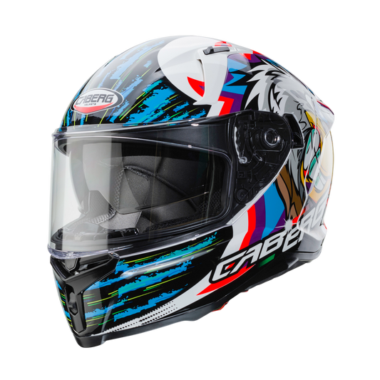 Colorful motorcycle helmet with brand logo on a white background